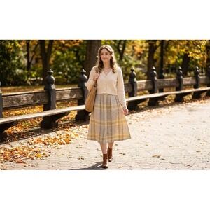 Summit Sportswear Vintage Plaid Linen Blend Midi Skirt YellowGrey Button Front10
